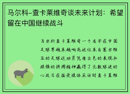 马尔科-查卡莱维奇谈未来计划：希望留在中国继续战斗