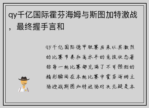 qy千亿国际霍芬海姆与斯图加特激战，最终握手言和